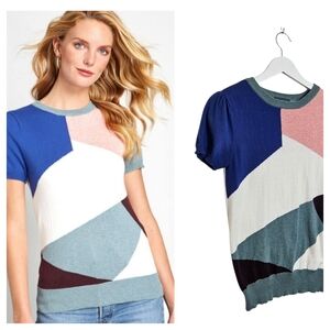 ModCloth Colorblock Knit Top Womens Size S Retro Pullover Sweater Short Sleeve